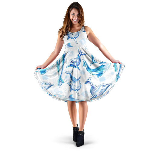 Watercolor Dolphin Pattern Sleeveless Midi Dress
