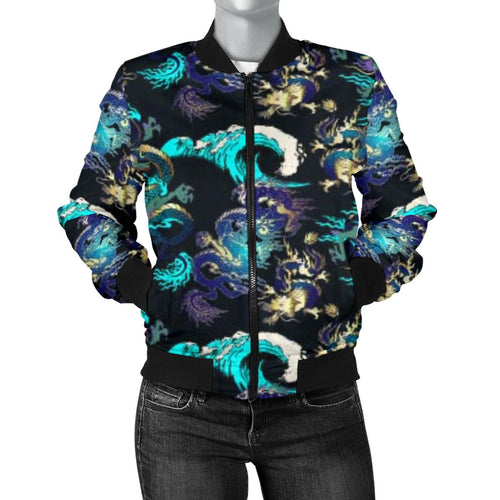 Dragon Sea Wave Pattern Women'S Bomber Jacket