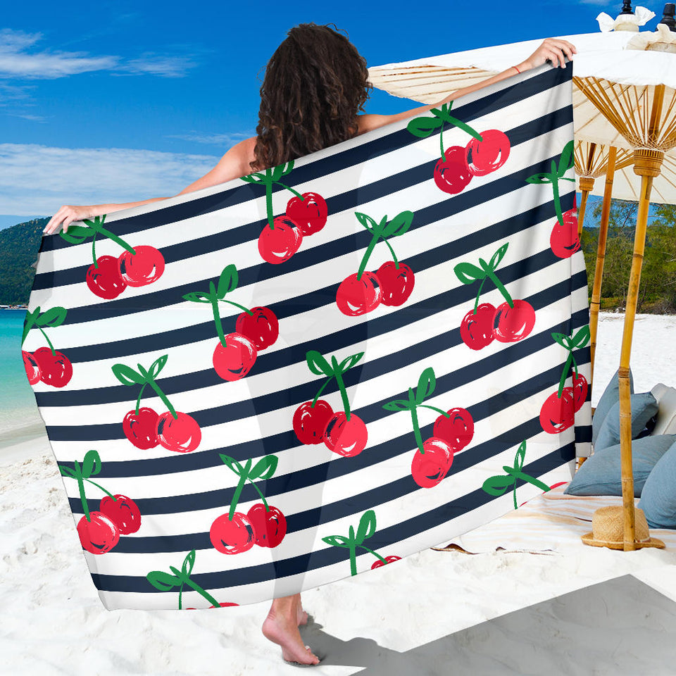 Hand Drawn Cherry Pattern Striped Background Sarong