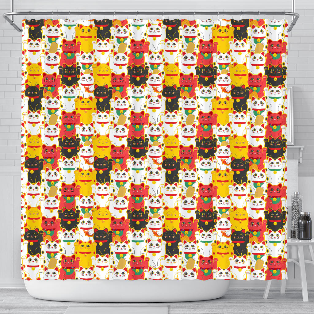 Colorful Maneki Neko Lucky Cat Pattern Shower Curtain Fulfilled In US