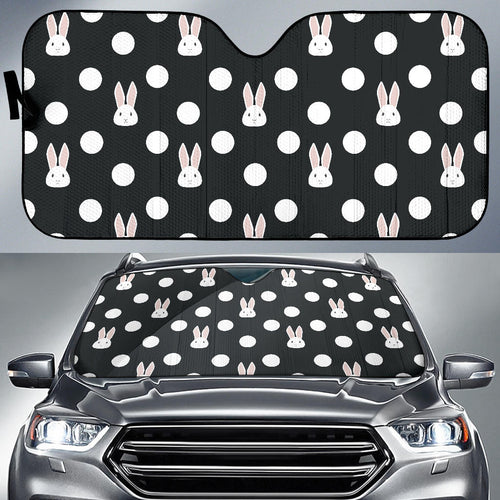 Cute White Rabbit Polka Dots Black Background Car Sun Shade
