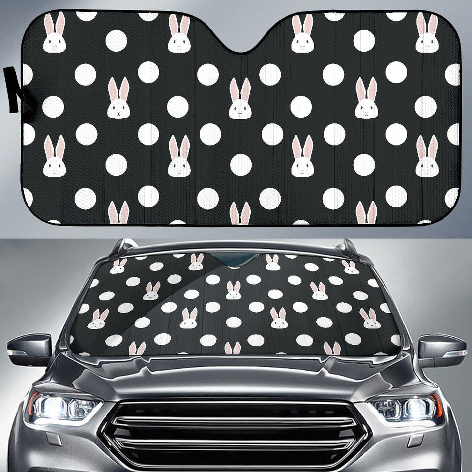 Cute White Rabbit Polka Dots Black Background Car Sun Shade