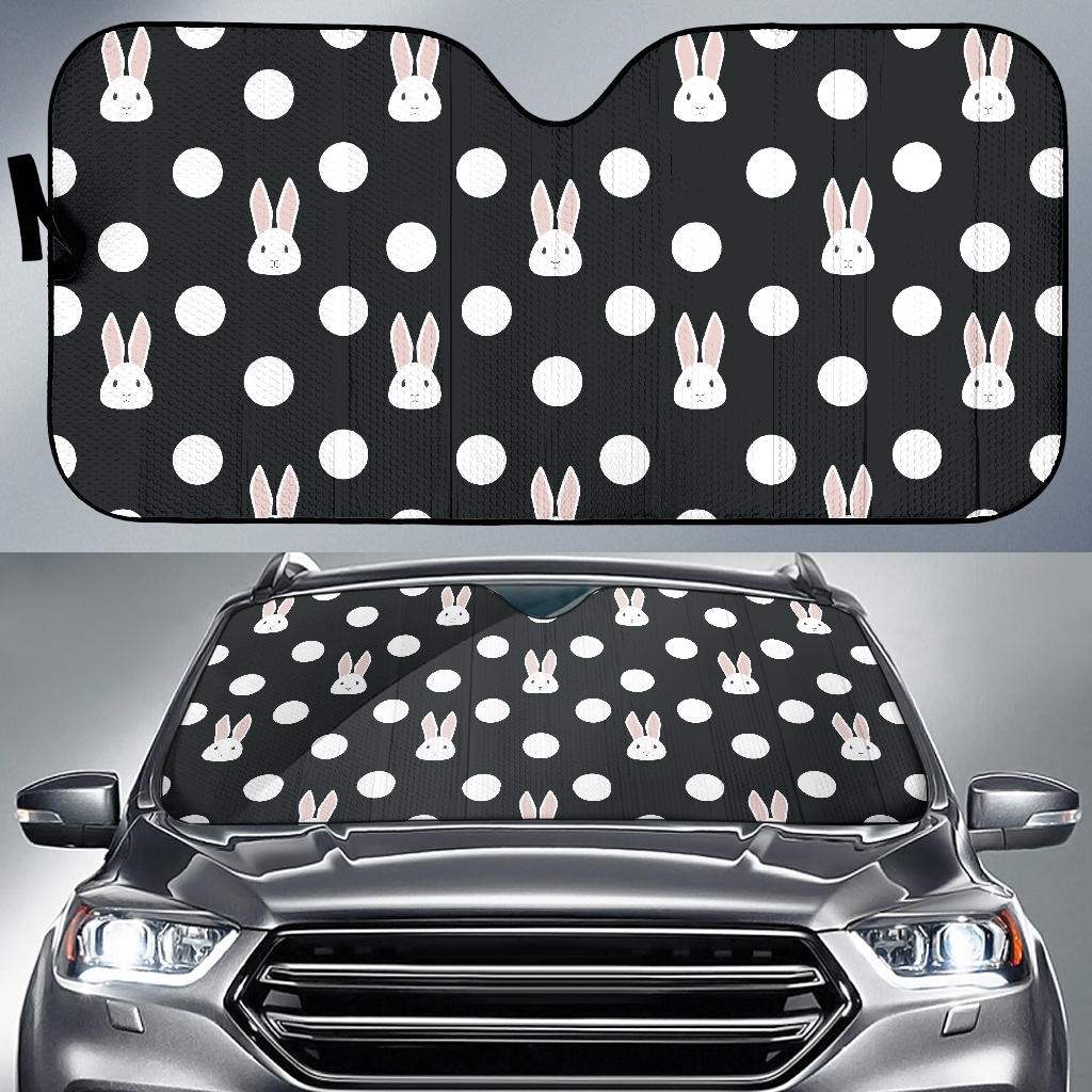 Cute White Rabbit Polka Dots Black Background Car Sun Shade