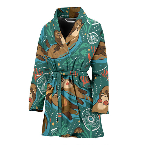 Cute Brown Sea Otters Ornamental Seaweed Corals Green Water Women'S Bathrobe