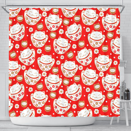 Cute Maneki Neko Lucky Cat Red Background Shower Curtain Fulfilled In US