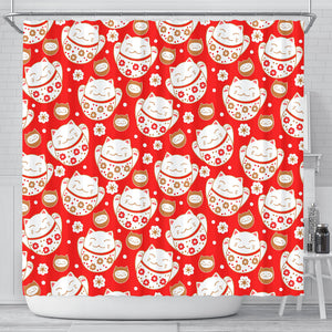 Cute Maneki Neko Lucky Cat Red Background Shower Curtain Fulfilled In US