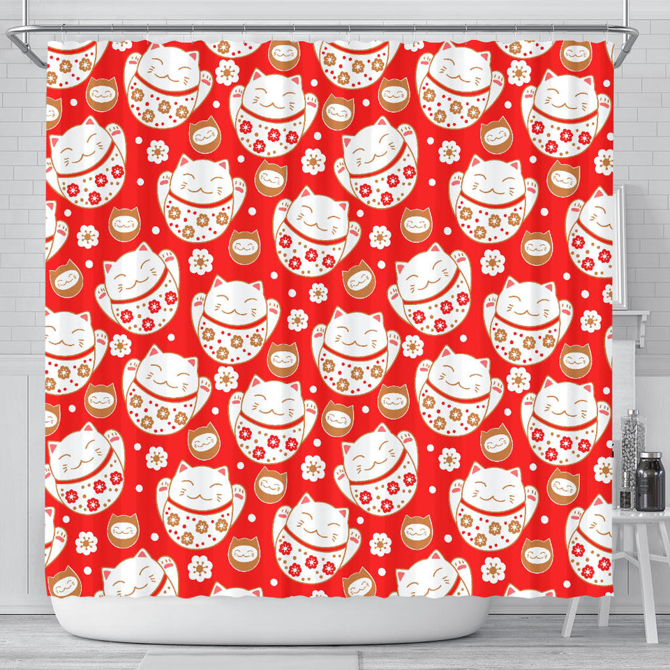 Cute Maneki Neko Lucky Cat Red Background Shower Curtain Fulfilled In US