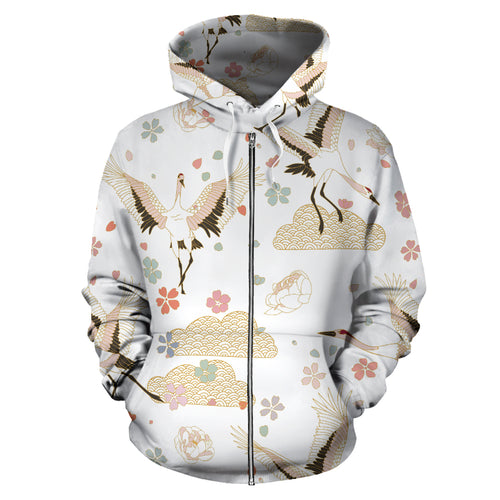 Beautiful Japanese Cranes Pattern Zip Up Hoodie