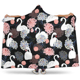 White Swan Blooming Flower Pattern Hooded Blanket