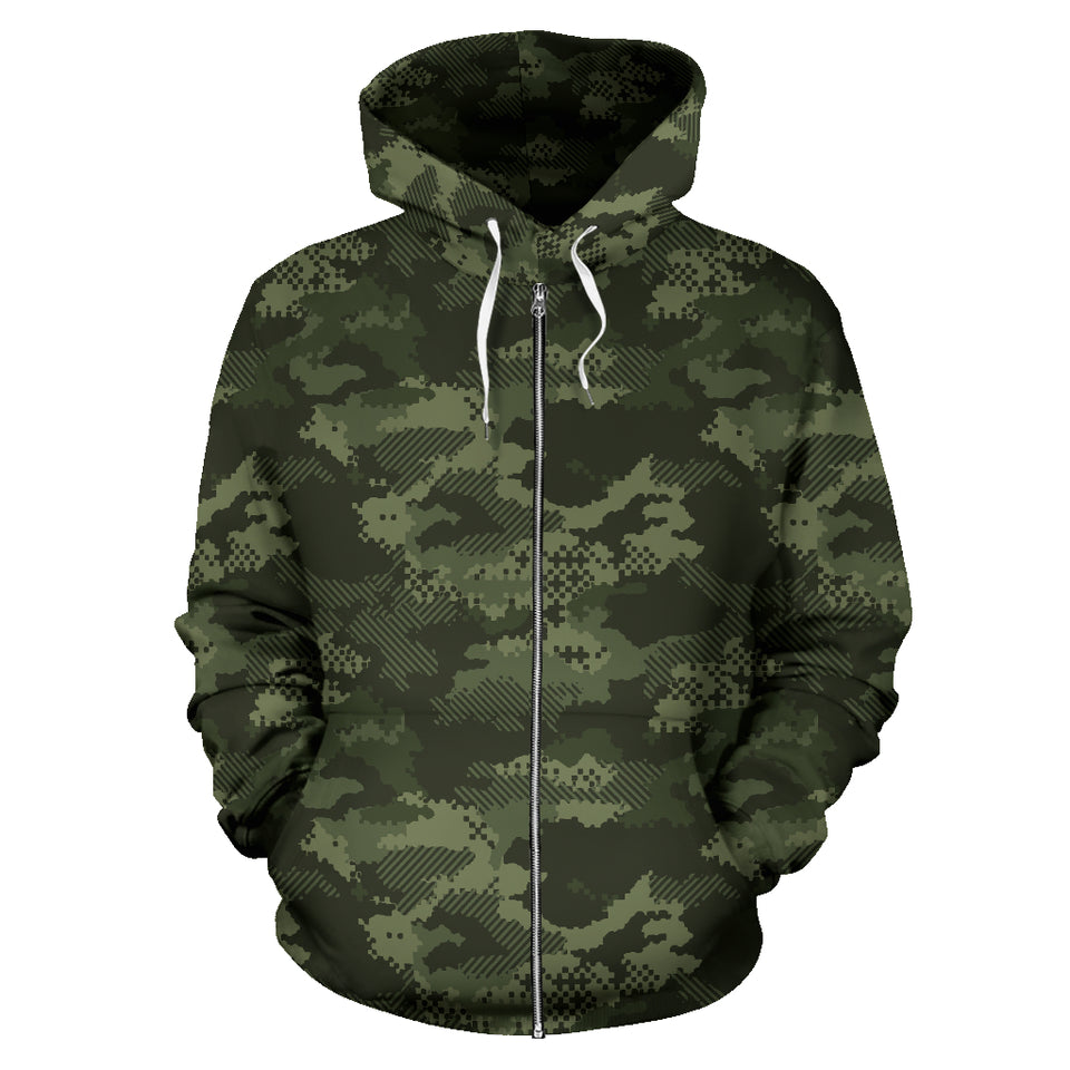 Digital Green Camouflage Pattern Zip Up Hoodie