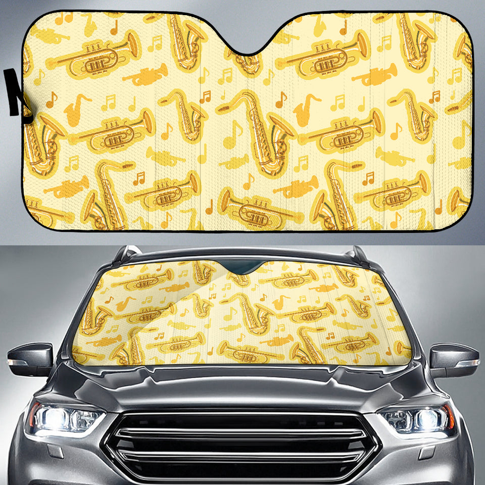 Saxophone Cornet Pattern Yellow Background Car Sun Shade