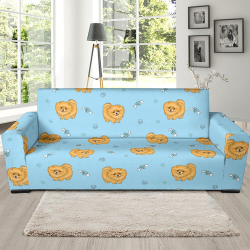 Brown Cute Pomeranian Blue Blackground Sofa Slipcover