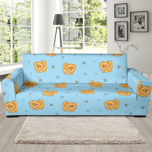 Brown Cute Pomeranian Blue Blackground Sofa Slipcover