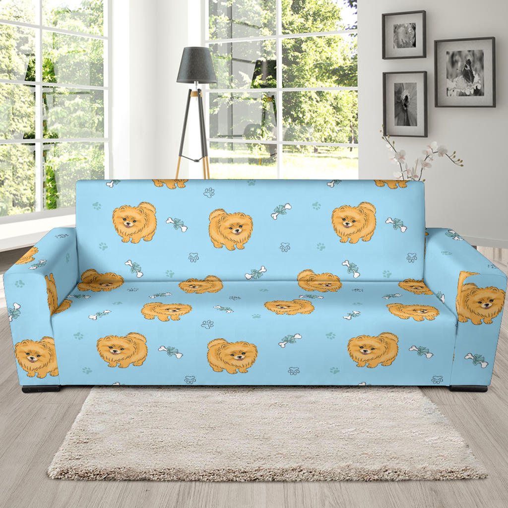 Brown Cute Pomeranian Blue Blackground Sofa Slipcover