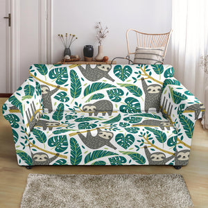 Cute Sloths Tropical Palm Leaves White Background Loveseat Couch Slipcover