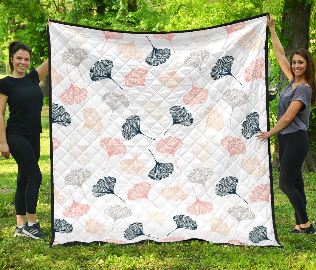 Black Gray Cream Coral Ginkgo Leaves Pattern Premium Quilt