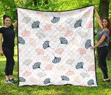 Black Gray Cream Coral Ginkgo Leaves Pattern Premium Quilt