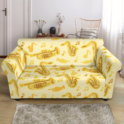 Saxophone Cornet Pattern Yellow Background Loveseat Couch Slipcover