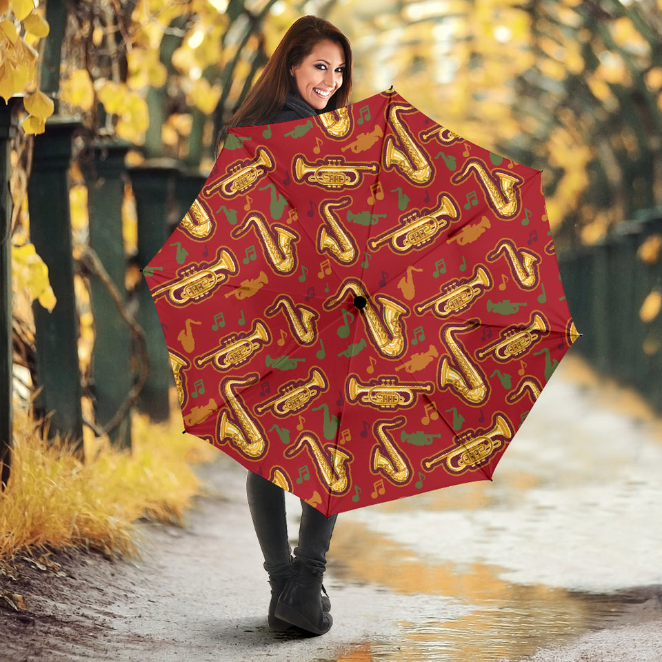 Saxophone Cornet Pattern Red Background Umbrella