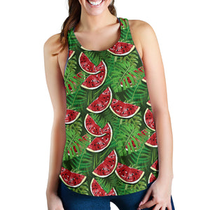 Watermelons tropical palm leaves pattern background Women Racerback Tank Top