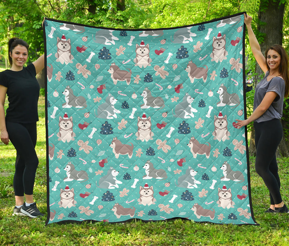 Christmas Cute Siberian Husky Puppie Pattern Premium Quilt