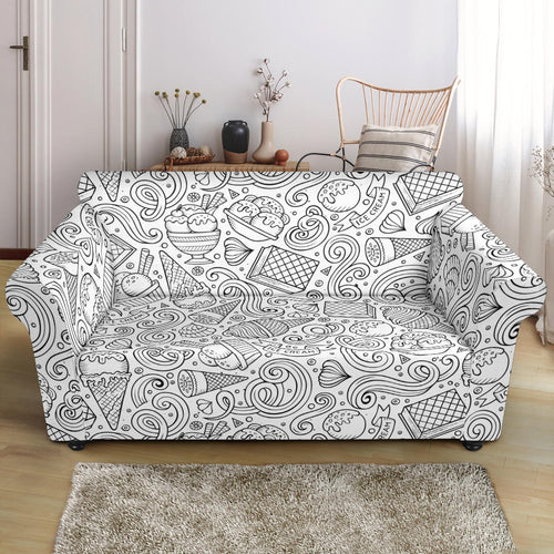 Cartoon Hand Drawn Ice Cream Black White Loveseat Couch Slipcover