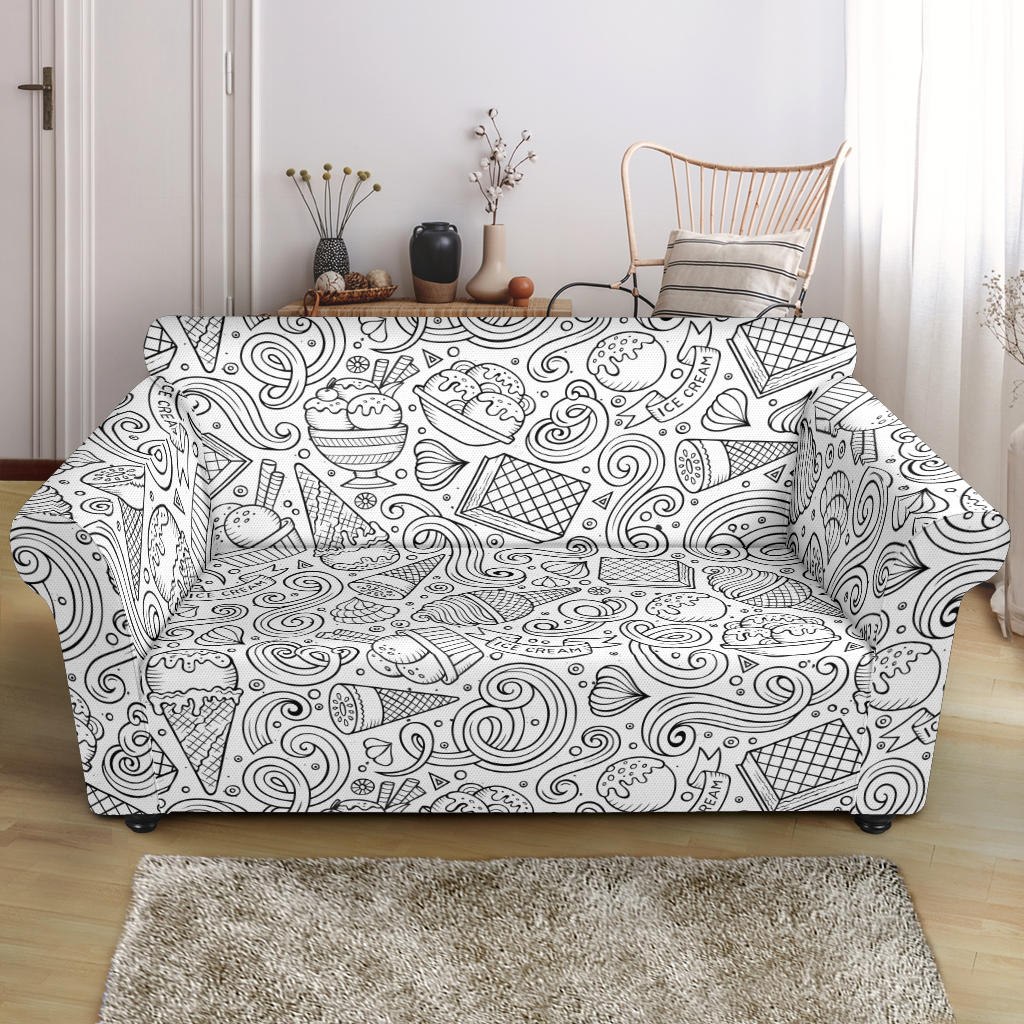 Cartoon Hand Drawn Ice Cream Black White Loveseat Couch Slipcover