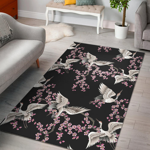 Japanese Crane Pink Sakura Pattern Area Rug