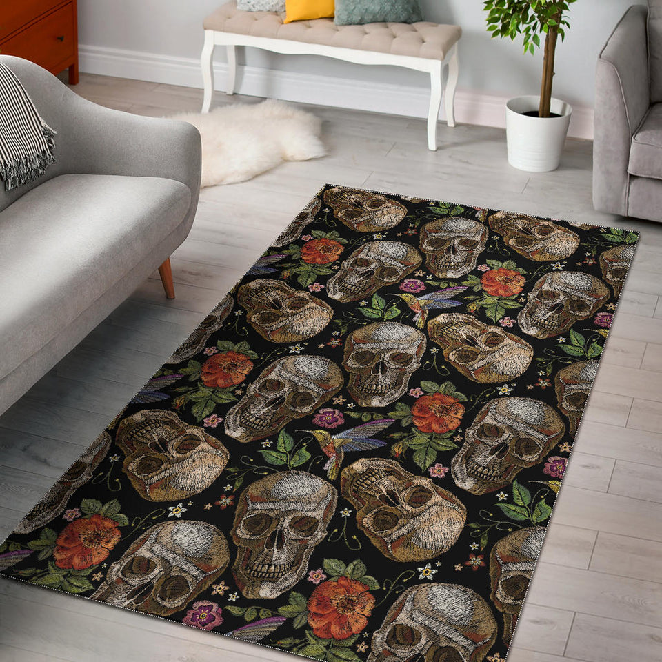 Skull Rose Humming Bird Flower Pattern Area Rug
