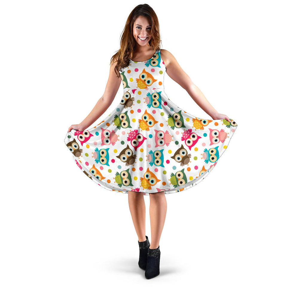 Color Cute Owl Pattern Sleeveless Midi Dress