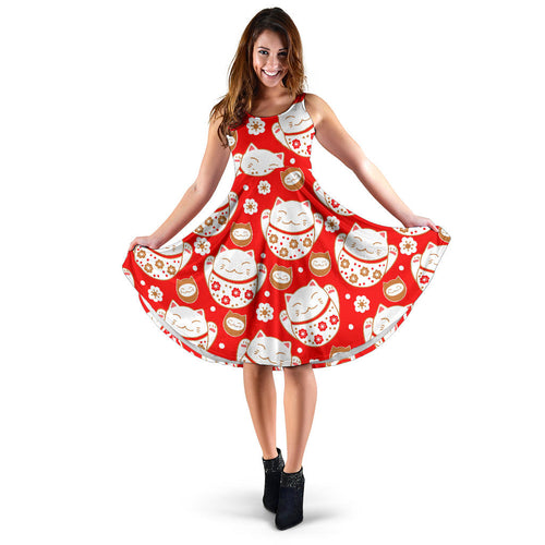 Cute Maneki Neko Lucky Cat Red Background Sleeveless Midi Dress