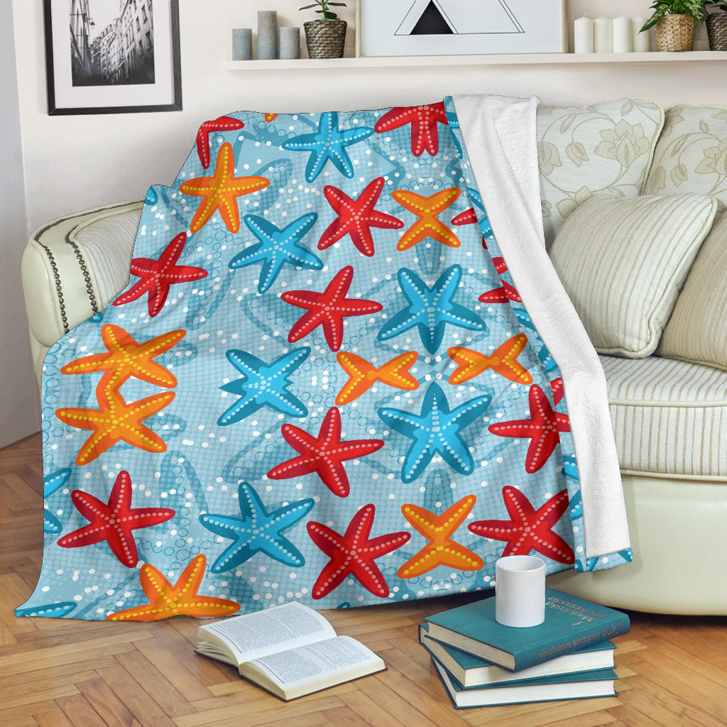 Blue Red Orange Starfish Pattern Premium Blanket