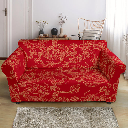 Gold Dragons Red Background Loveseat Couch Slipcover