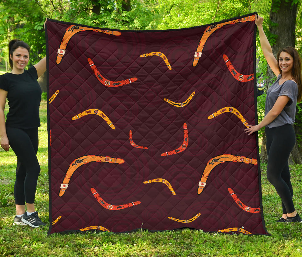 Boomerang Australian Aboriginal Ornament Circle Black Background Premium Quilt