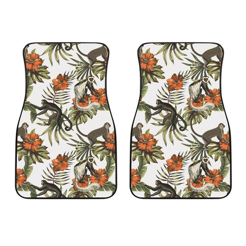 Monkey Red Hibiscus Flower Palm Leaves Floral Pattern Front Car Mats