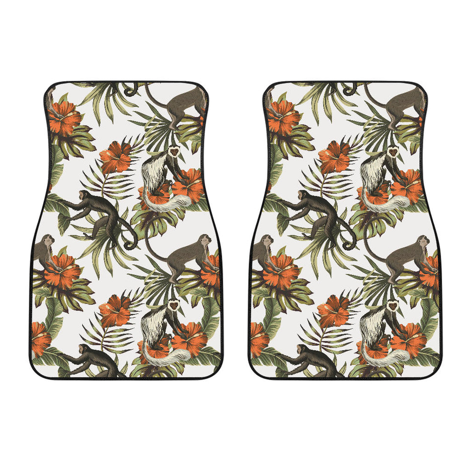 Monkey Red Hibiscus Flower Palm Leaves Floral Pattern Front Car Mats