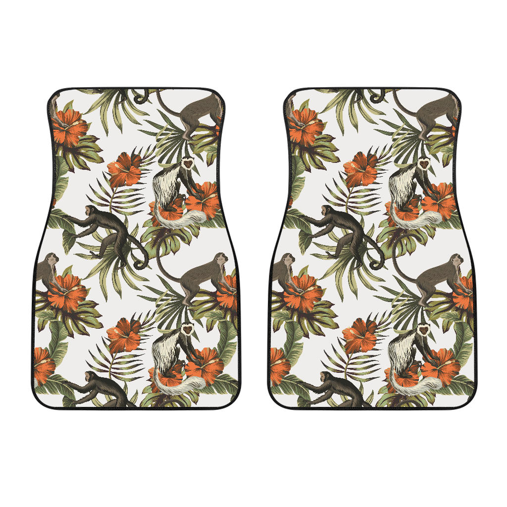 Monkey Red Hibiscus Flower Palm Leaves Floral Pattern Front Car Mats