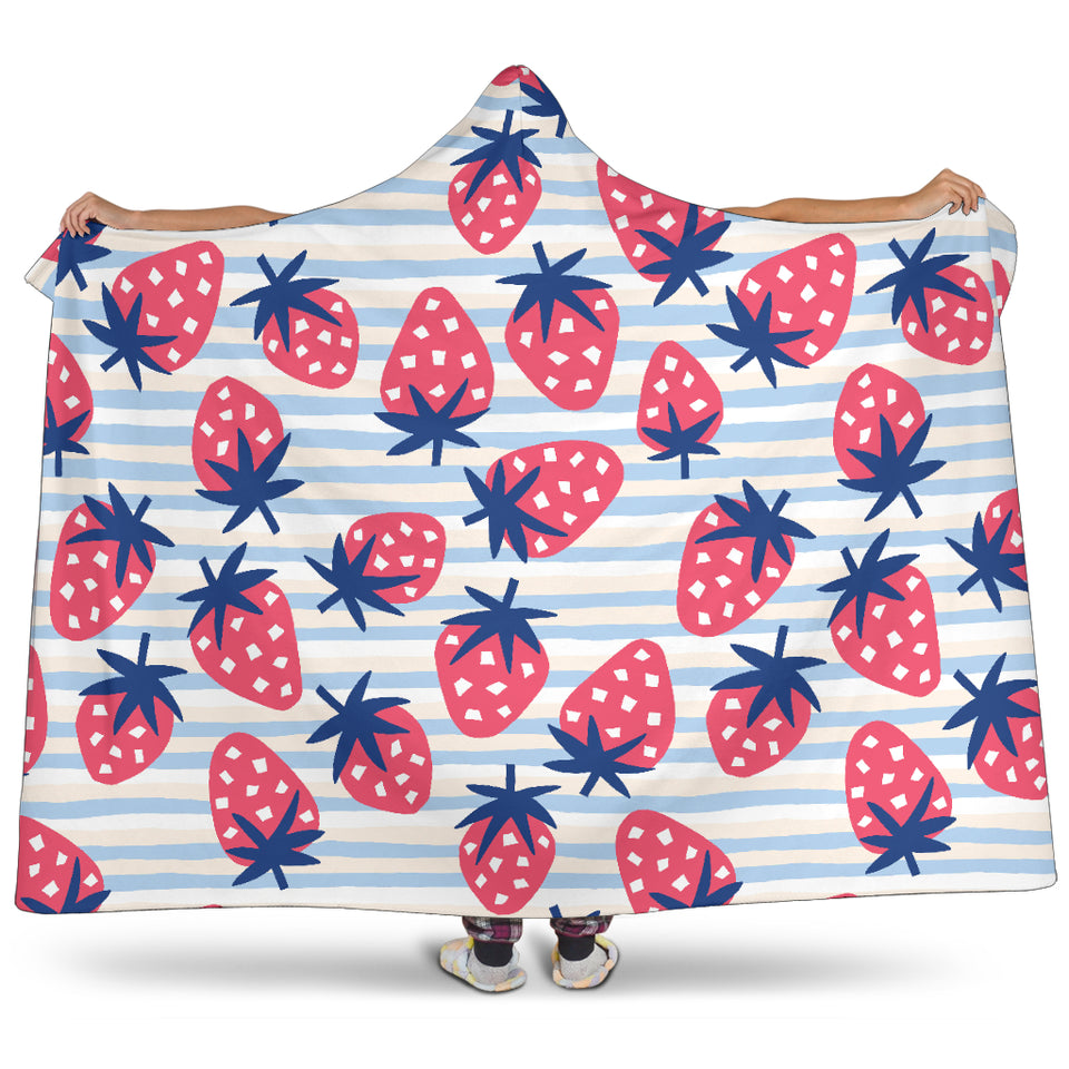 Strawberry Pattern Blue Lines Background Hooded Blanket