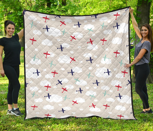 Airplane Cloud Grey Background Premium Quilt