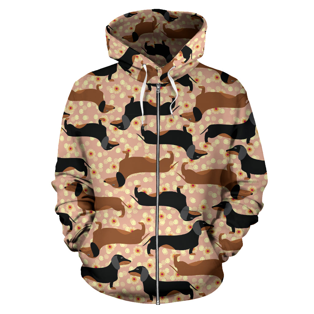 Dachshund Floral Background Zip Up Hoodie