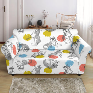 Siberian Husky And Colorful Circle Pattern Loveseat Couch Slipcover