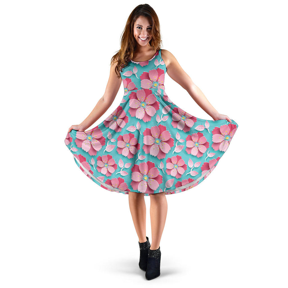 3D Sakura Cherry Blossom Pattern Sleeveless Midi Dress
