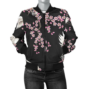 Japanese Crane Pink Sakura Pattern Women'S Bomber Jacket