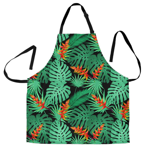 Heliconia Flower Palm Monstera Leaves Black Background Adjustable Apron