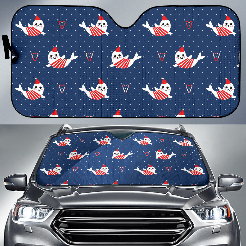 Cute Sea Lion Seal Christmas Hat Candy Cane Heart Pattern Car Sun Shade