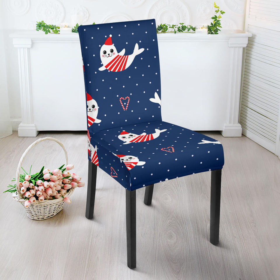 Cute Sea Lion Seal Christmas Hat Candy Cane Heart Pattern Dining Chair Slipcover