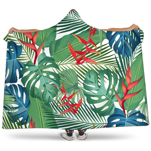 Heliconia Palm And Monstera  Leaves Pattern Hooded Blanket