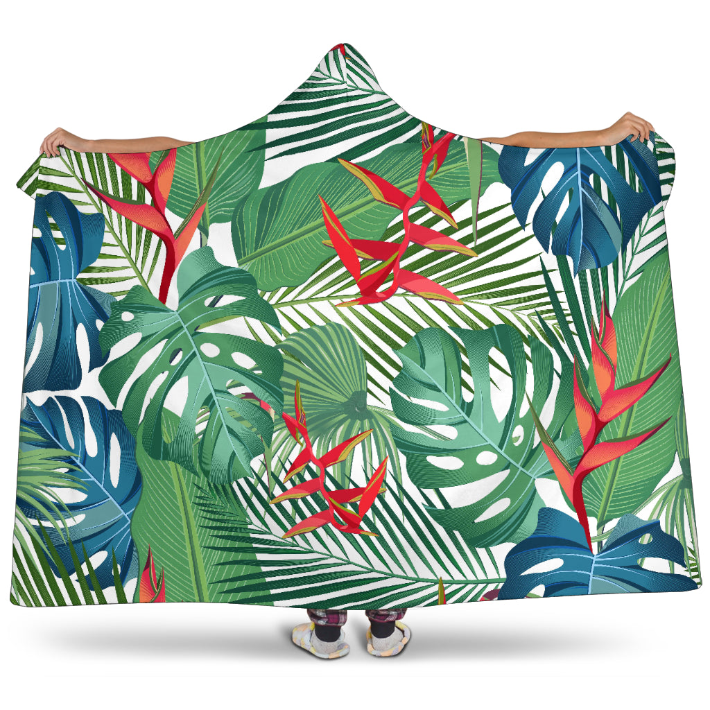Heliconia Palm And Monstera  Leaves Pattern Hooded Blanket