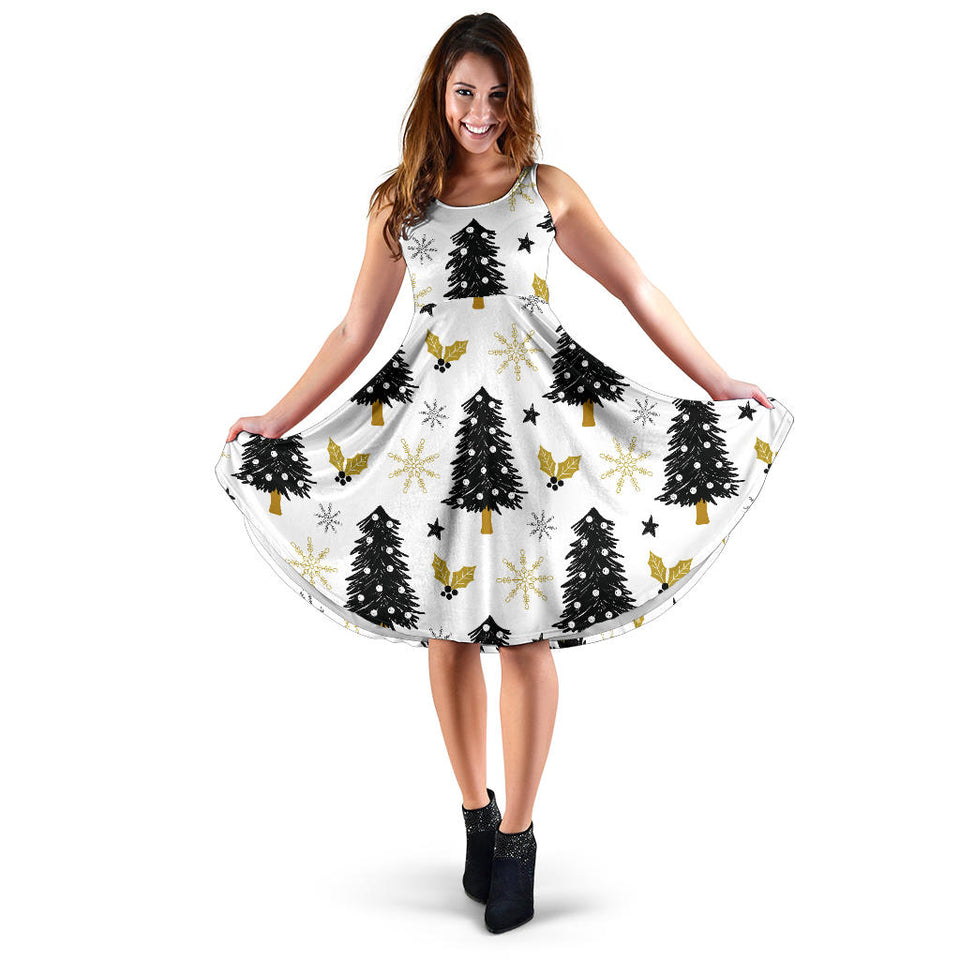 Christmas Tree Holly Snow Star Pattern Sleeveless Midi Dress