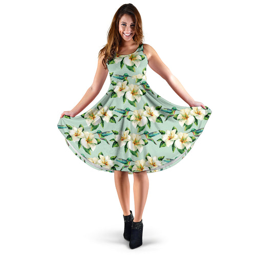 Hummingbird Pattern Print Design 01 Sleeveless Midi Dress